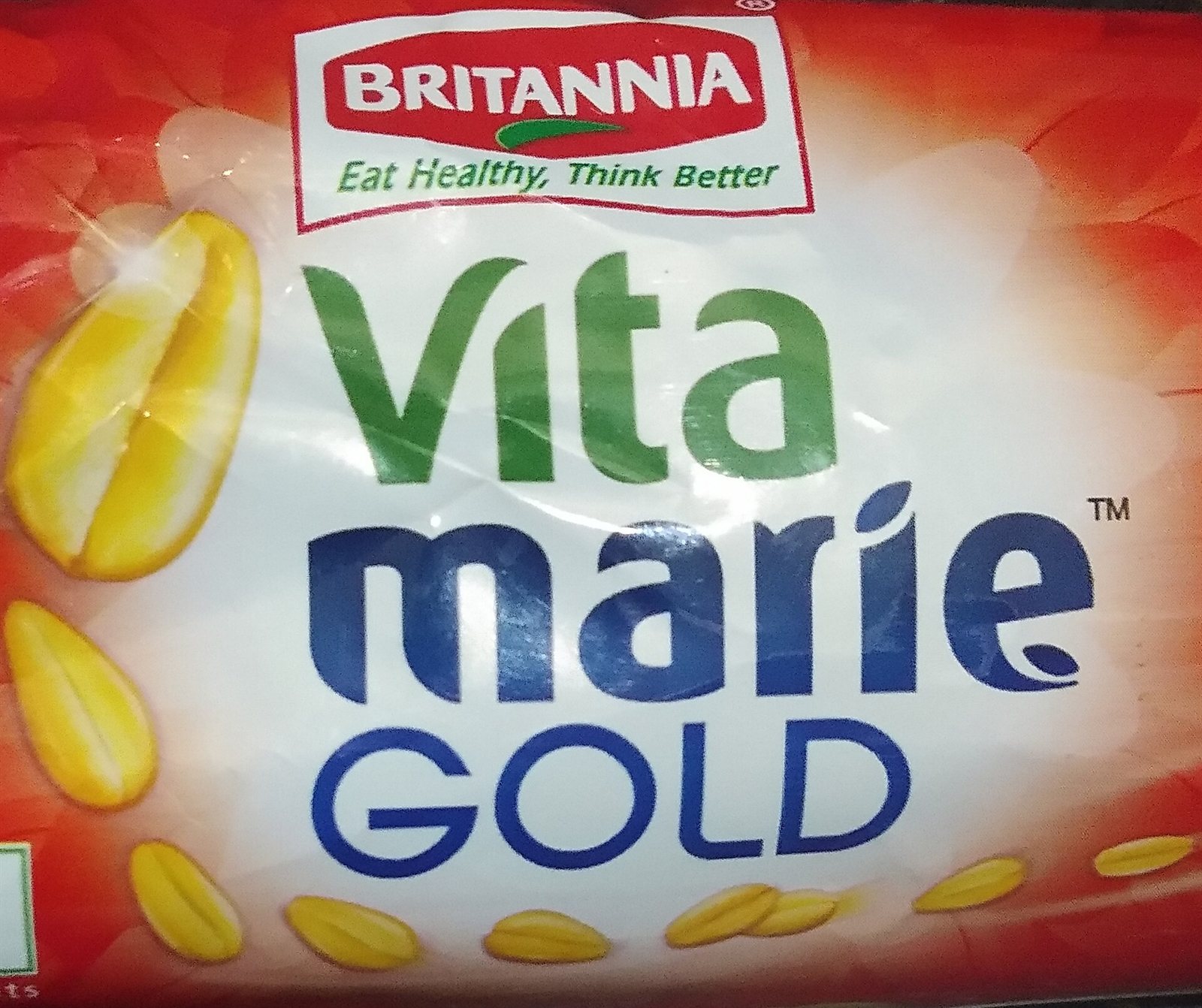 The Britannia logo on a pack of Britannia Vita Marie Gold biscuits