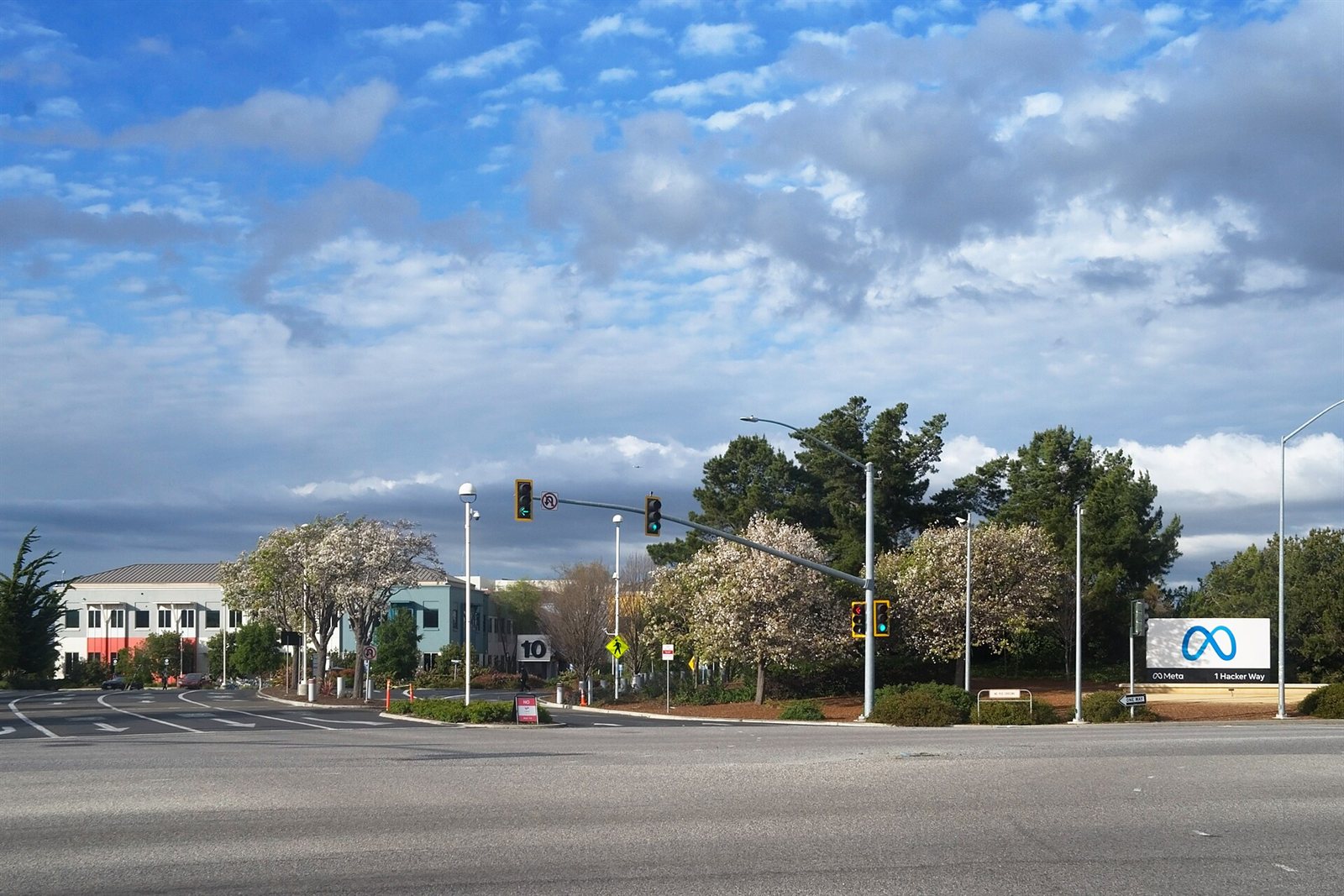The entrance to Meta Platforms' headquarters complex in Menlo Park, California
